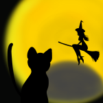 ハロウィン用、黒猫と月食と魔女のフリーイラスト