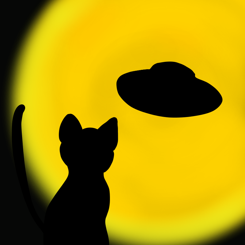 猫と月とアダムスキー型円盤のフリーイラスト